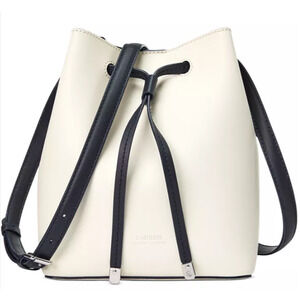 Lauren Ralph Lauren Dryden Debby Leather Drawstring Bag Ivory/ Black MSRP $398